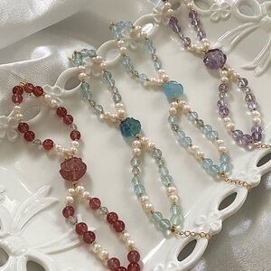 B99- Handmade Braided Natural Freshwater Pearl And Flower Gemstone Bracelets